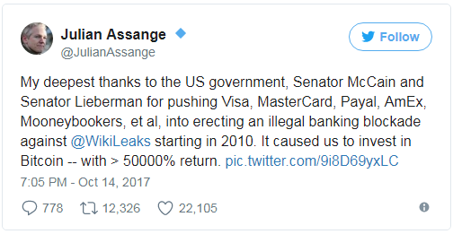 Assange hálás az amerikai kormánynak a bitcoin befektetései miatt