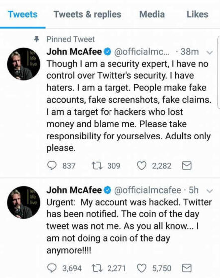 Feltörték McAfee Twitter fiókját és befektetésre buzdították a követőket