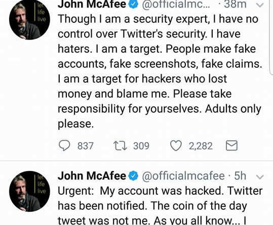 Feltörték McAfee Twitter fiókját és befektetésre buzdították a követőket