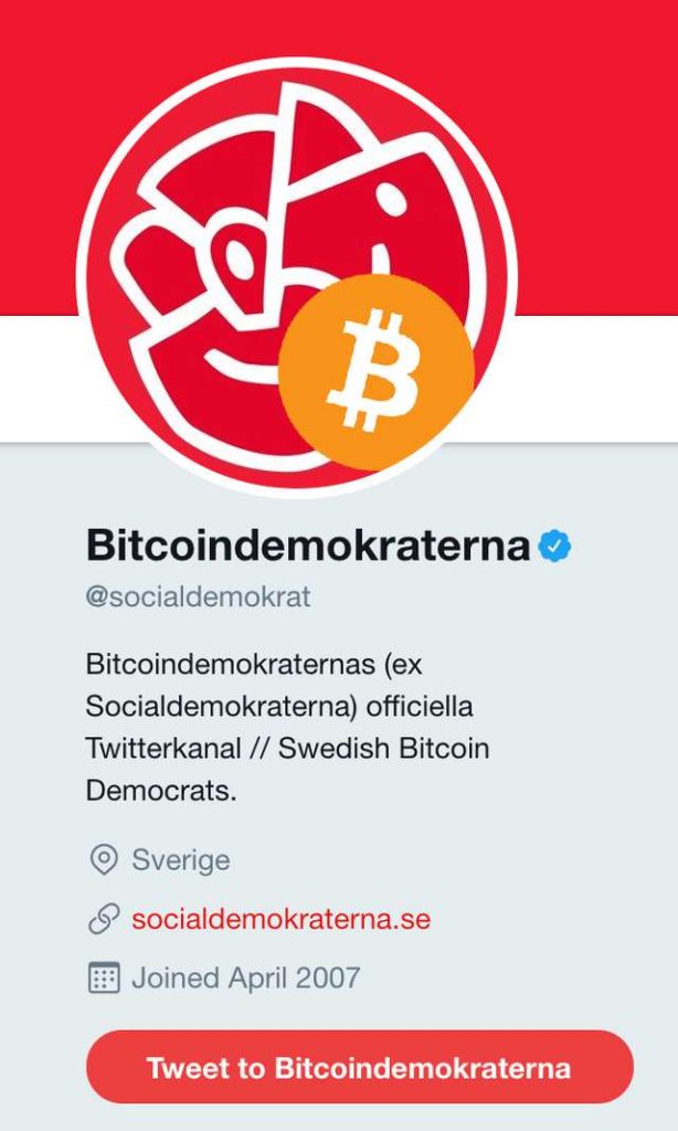„Eltöröltük a svéd koronát, és helyette bevezettük a Bitcoint!” – olvasható a svéd szociáldemokrata párt Twitter oldalán