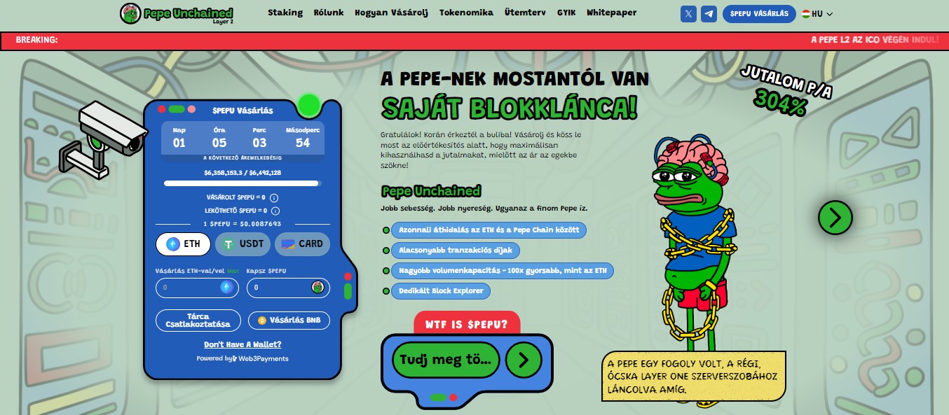 A Pepe Unchained előértékesítés 6,5 millióhoz közelít, egy bálna közel 200 000 dollárt fektetett be, kiemelt kép